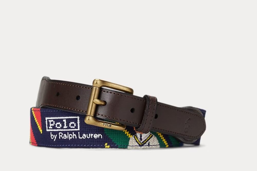 POLO RALPH LAUREN Men's Polo Bear Striped Needlepoint Belt Size 34 Multi NWT